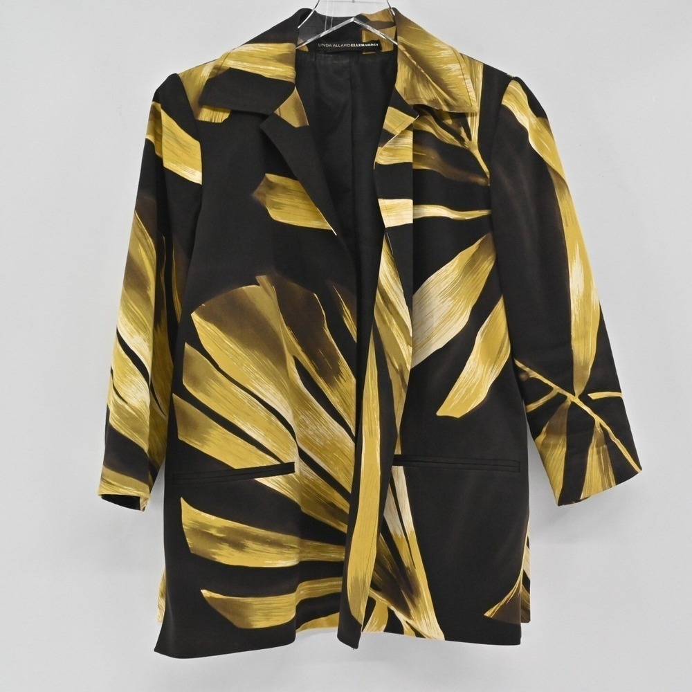 Linda Allard Ellen Tracy Tropical Blazer Womens Size 4 Black Gold Cotton Belted - Picture 2 of 16